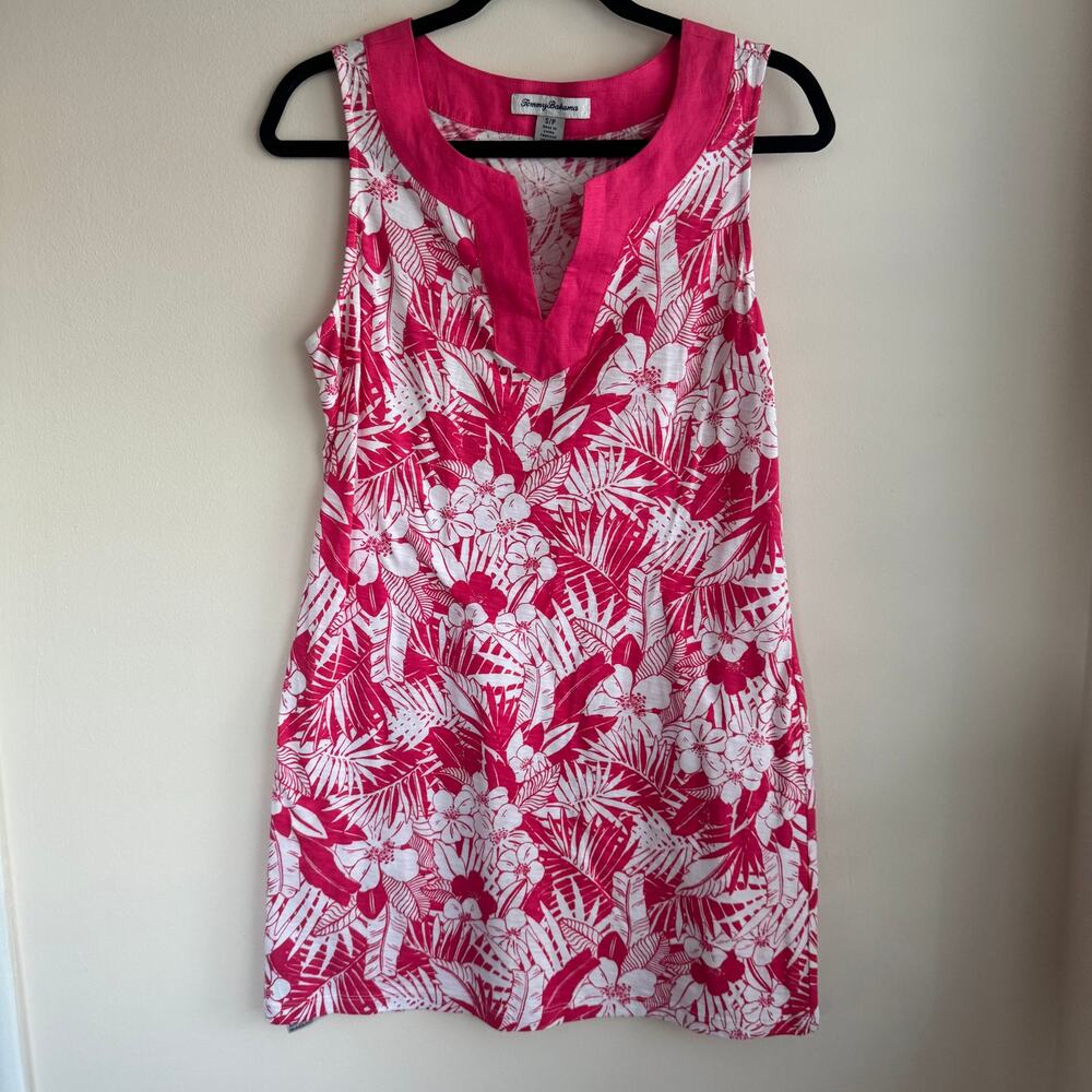 Tommy Bahama Floral Mini Shift Dress Pink White Cotton Hawaiian Sleeveless Sz S